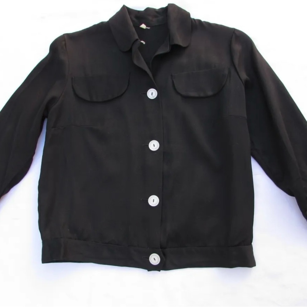Vintage 1950s Women’s Black Blouse 3/4 Sleeves Rayon Button Front Top Sz S / 32